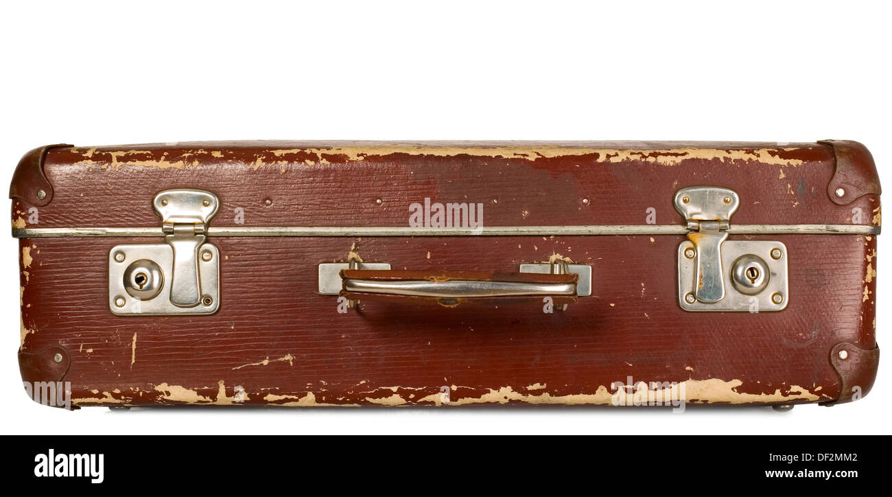 Vintage old brown suitcase on white isolated background Stock Photo