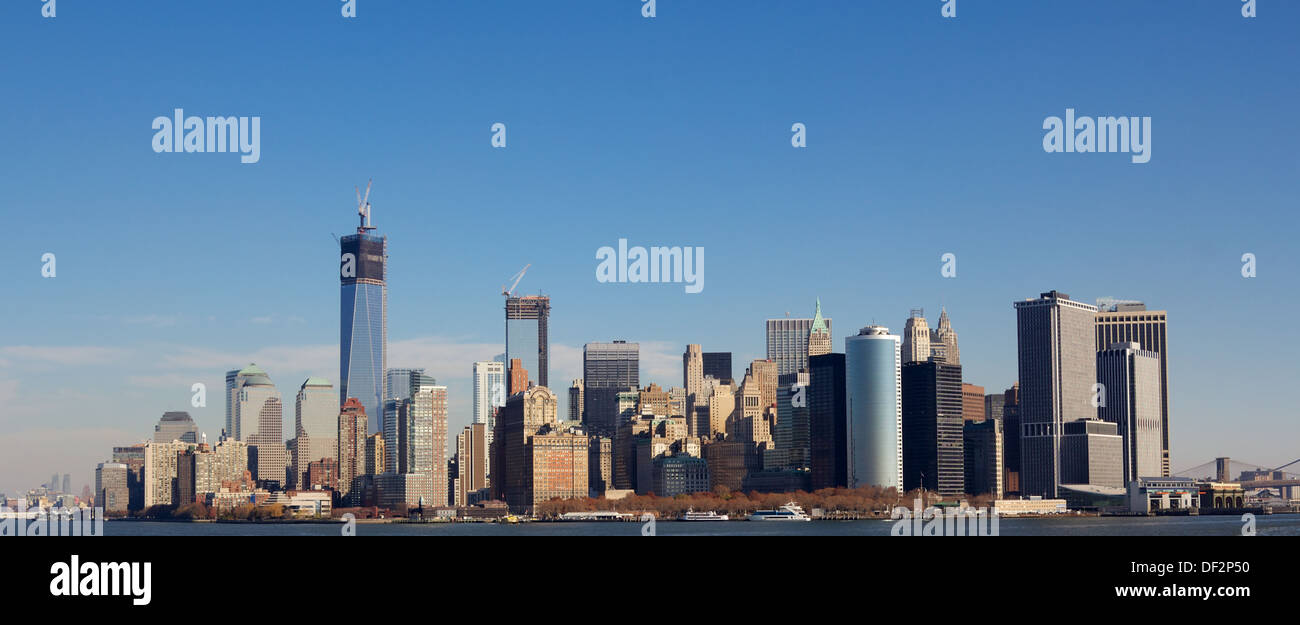 Skyline of New York City at the Southern tip of Manhattan with the new World Trade Center under construction in Fall 2012. Stock Photo