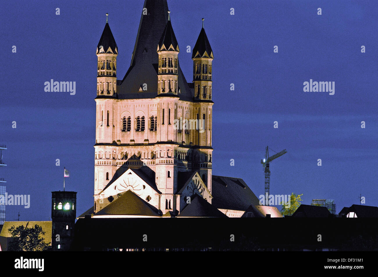 Gross Saint Martin church lit up at night. Cologne. Germany Stock Photo
