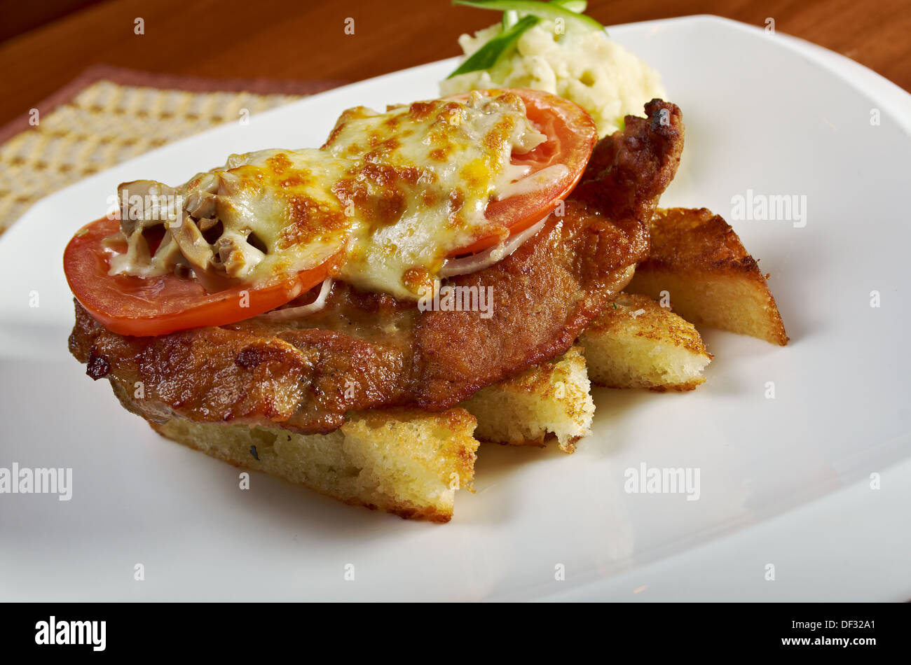 french steak dish with foie gras and croutons Stock Photo