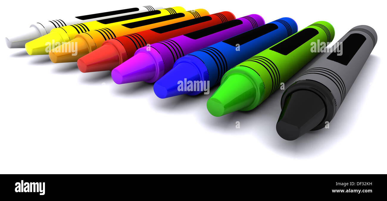 3D Render of coloured childrens wax crayons Stock Photo