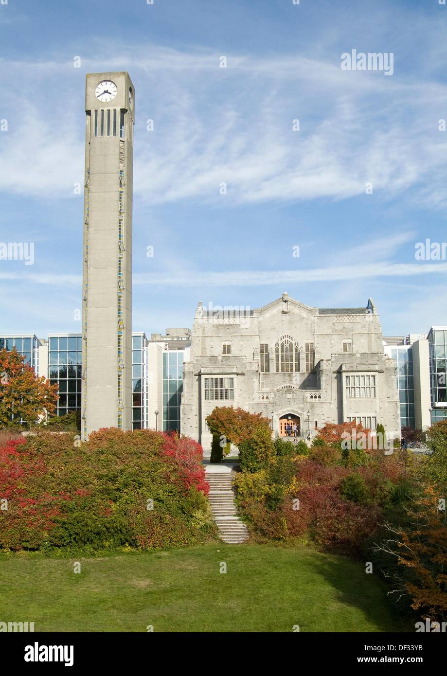 the clock tower and library at the University of British Columbia