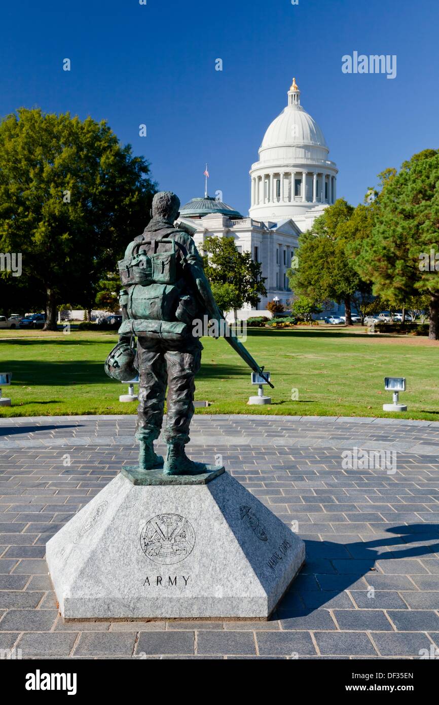 A soldier statue at the Army monument at the Arkansas State Capitol