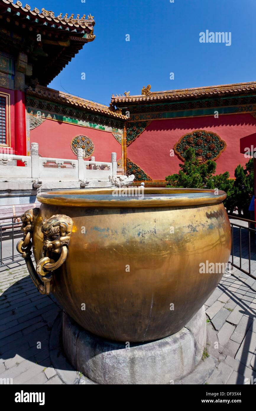A historical decorative cast iron pot in the Forbidden City in Beijing