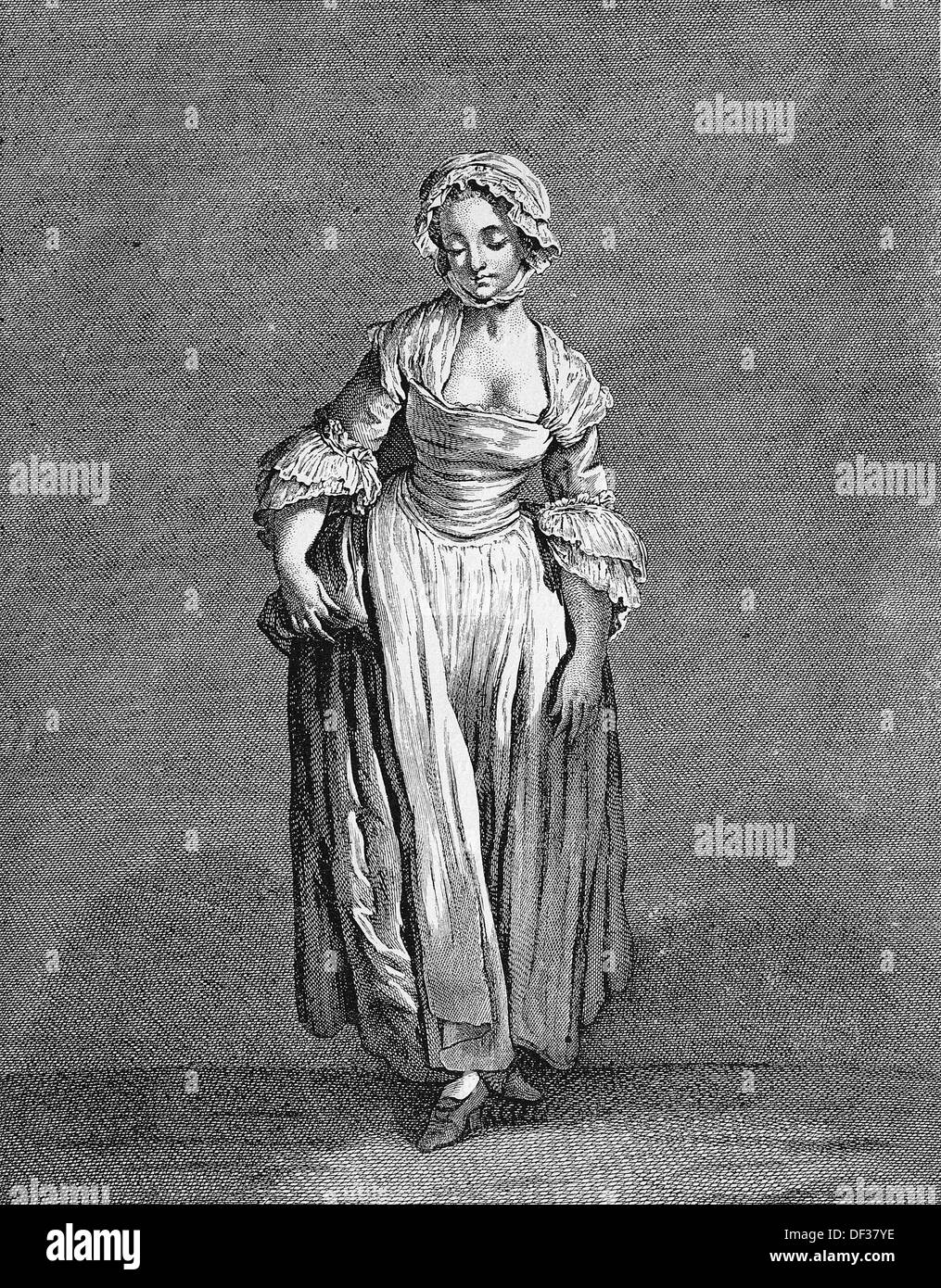 Fashion image, copper engraving by J B Greuze, France, 1760 Stock Photo