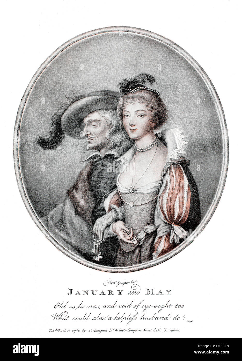 January and May, symbolic English colour engraving about unequal couples, 1782 Stock Photo
