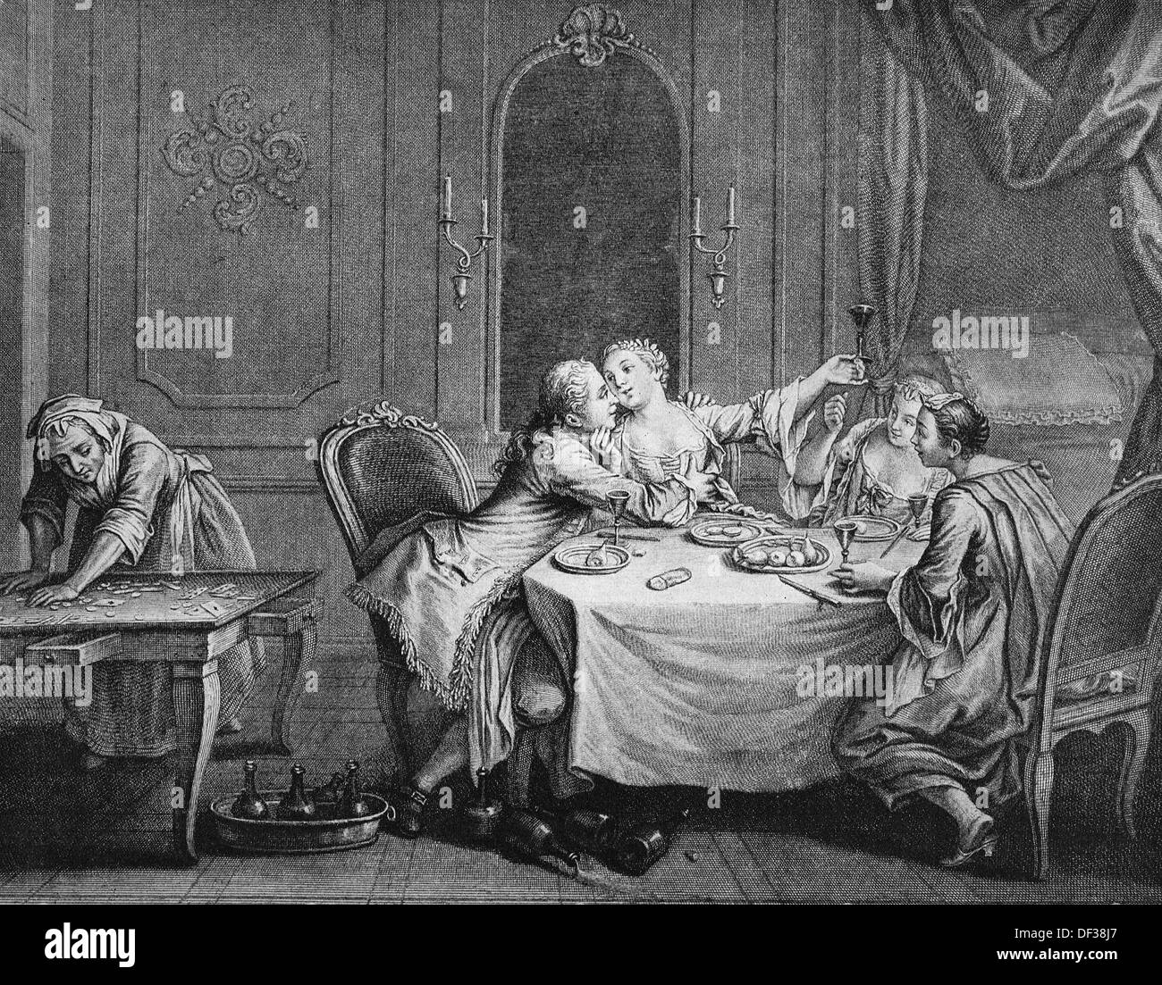 Gallant supper in a Petite Maison, French copper engraving, 1850 Stock Photo
