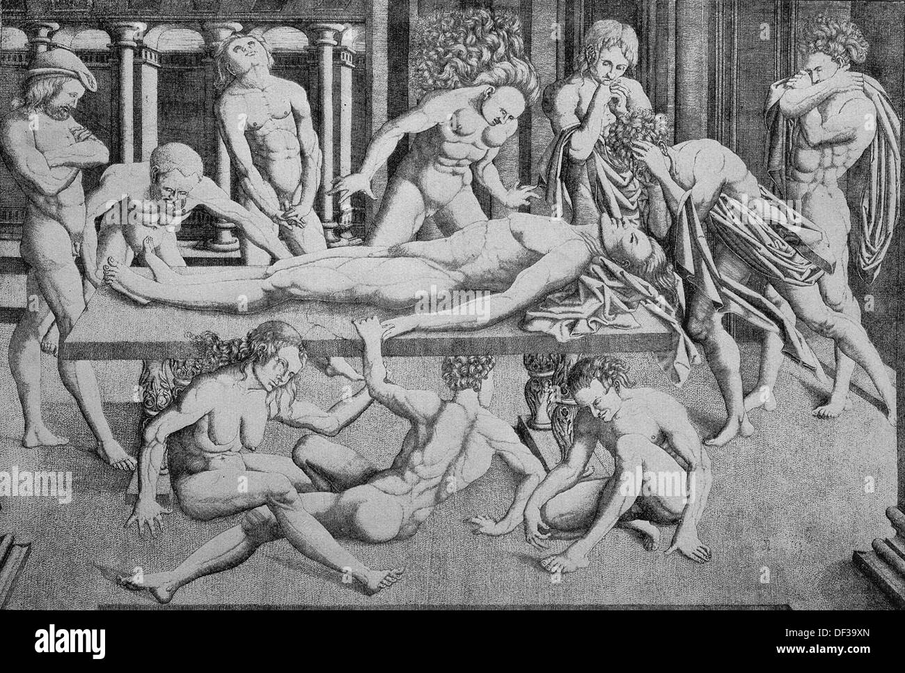 The death of the hero, copper engraving after a painting by Mantegna Stock Photo