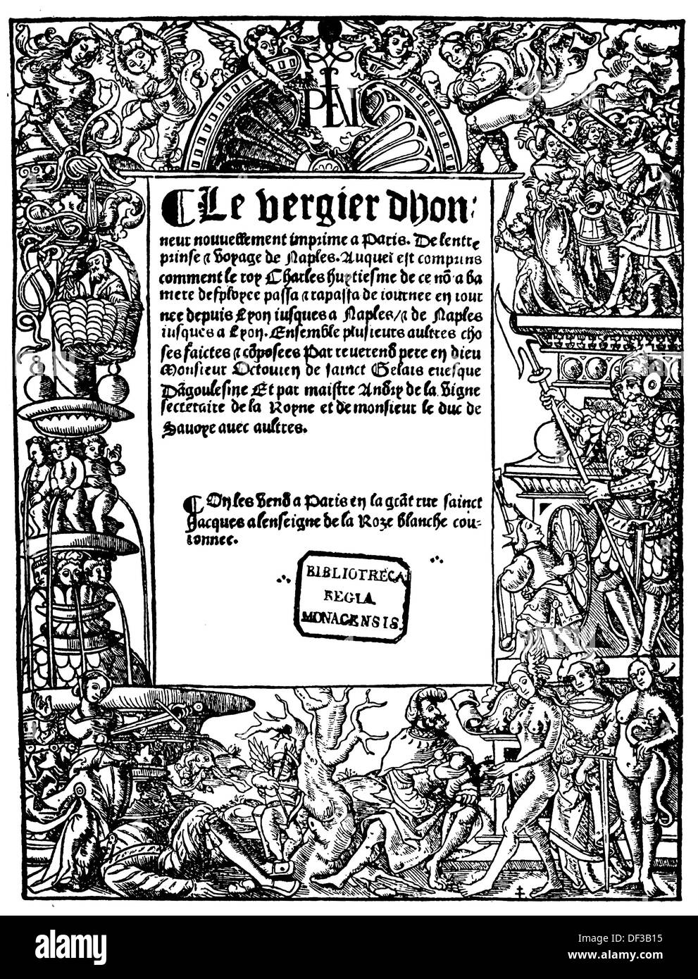 Title page of a book, framing, illustration of the legend of Virgil's revenge and the verdict of Paris, about 1700 Stock Photo