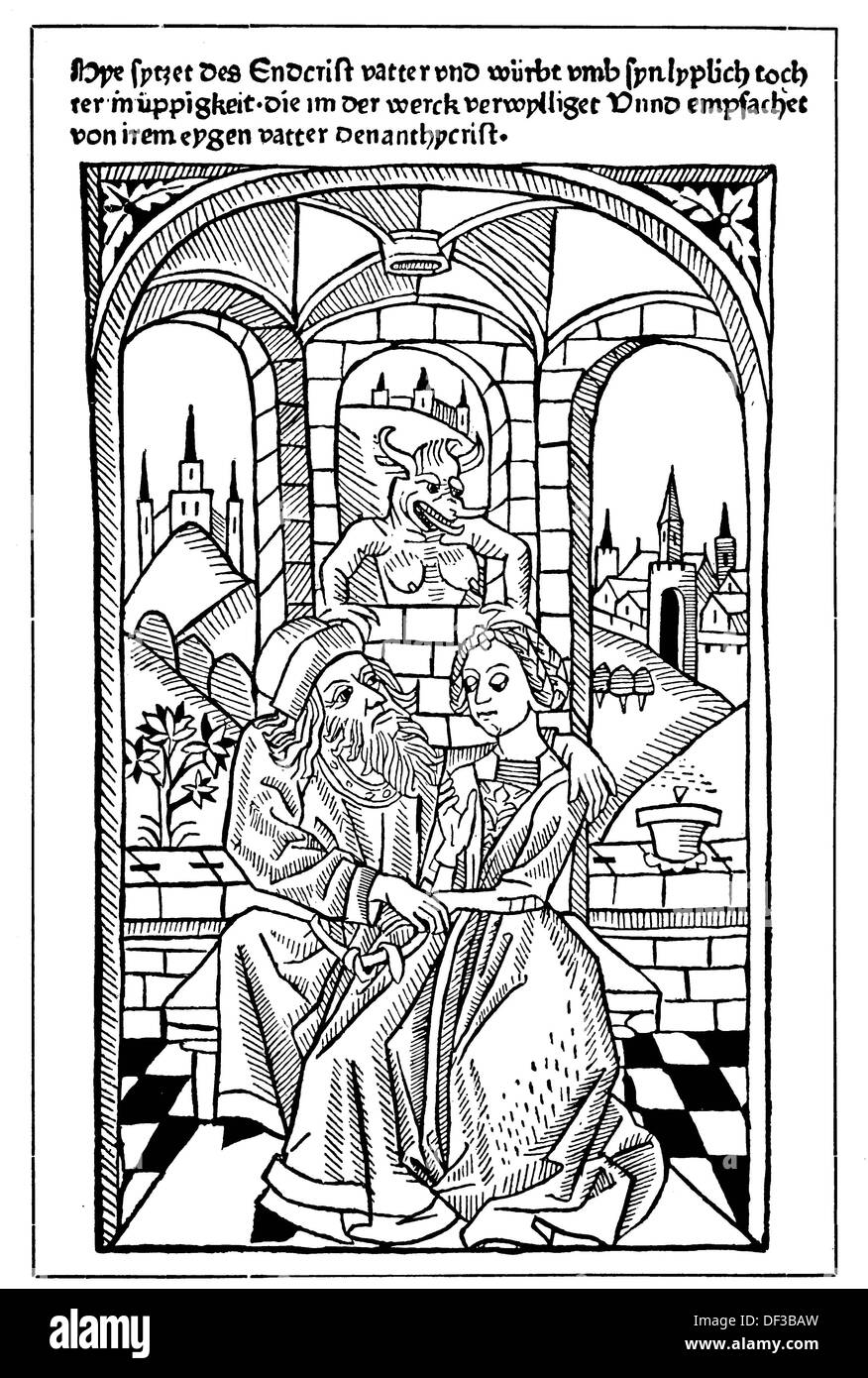 Antichrist flirting with his own daughter, illustration from the chapbook Der Entchrist, 1475 Stock Photo
