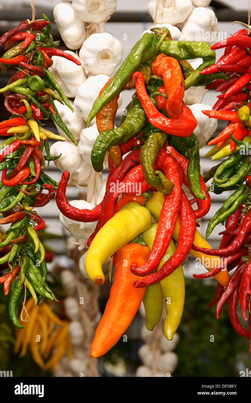 Colorful chili peppers ang garlic on sale at a market stall Stock Photo ...