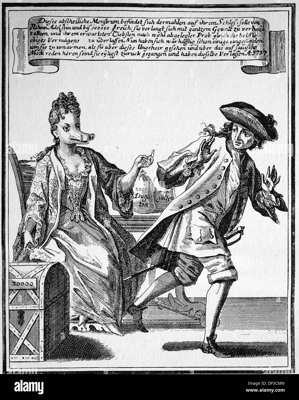Satirical pamphlet on a rich but ugly woman eager to get married, 1717 Stock Photo