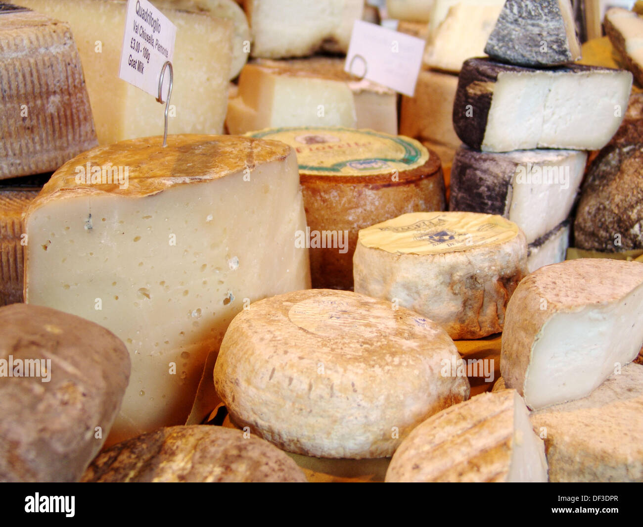 An assortment of cheeses for sale at a farmers´ market in London Stock