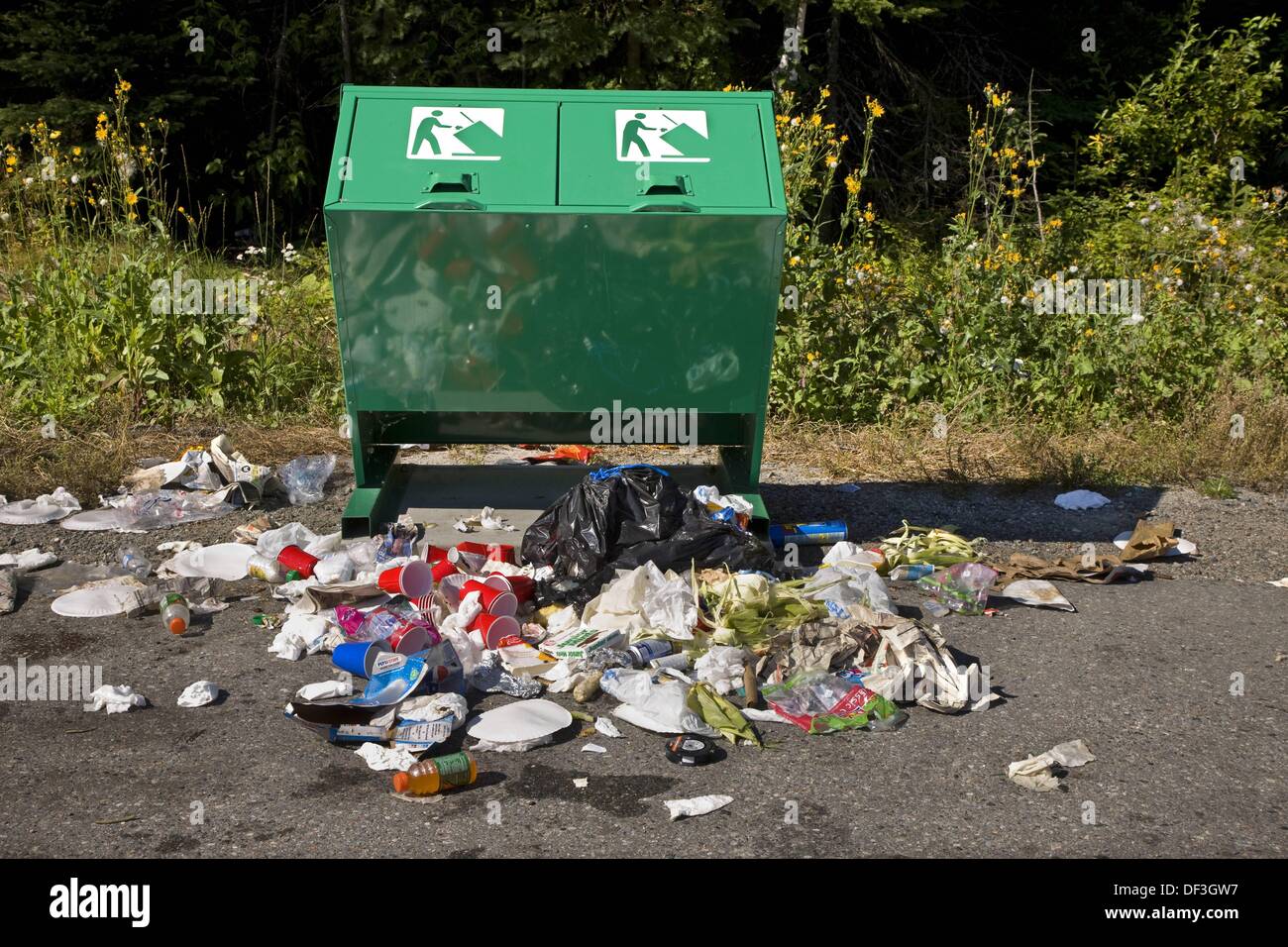 Garbage thrown next to bin, Canada Stock Photo Alamy