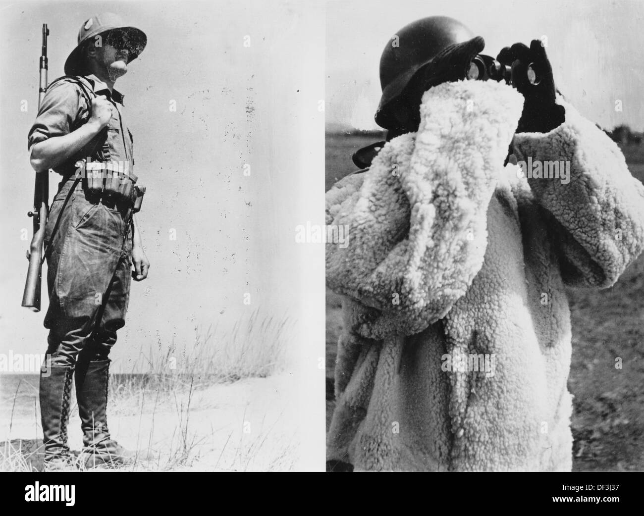 Contrasting of two soldier's images: on the left, a soldier of the German Africa Corps in Africa, and on the right, a soldier of the German Wehmacht on the Eastern Front in Russia, published 28 February 1942. Place unknown. The Nazi Propaganda! on the back of the image reads: " Always ready. Be it under the hot African sun or the frosty winds of the long Eastern Front - our soldiers are always ready for fighting until the final victory. Our image on the left shows a soldier of the German Africa Corps as a post in front of an encampment of the German Africa soldiers. Attentively and excitedly,  Stock Photo