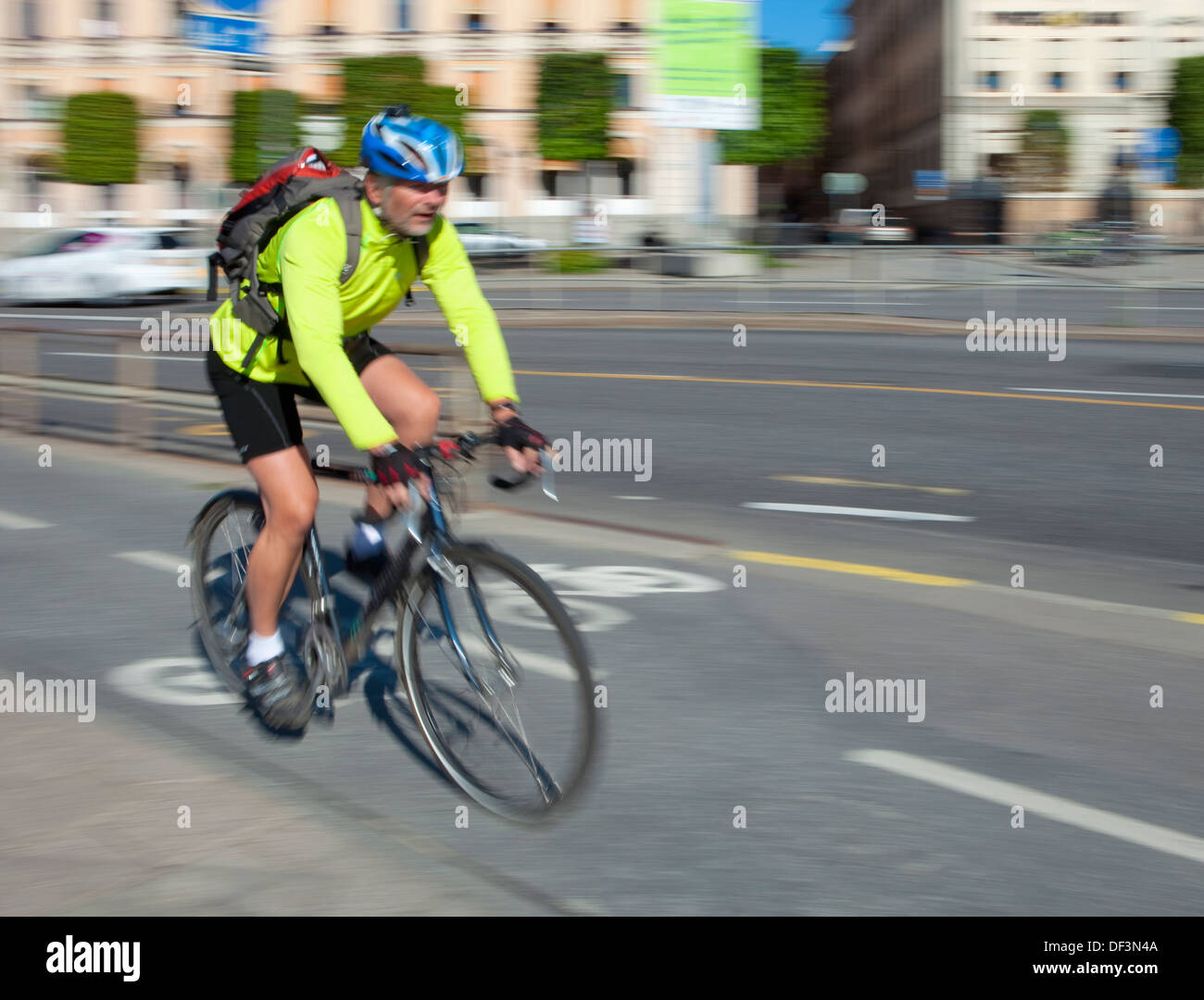 Sweden, Stockholm - bicyclist in a bike lane Stock Photo
