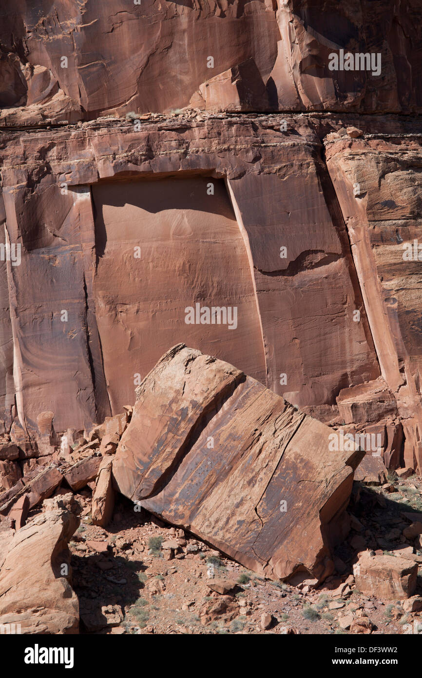 Fallen rock along the Colorado River near Moab, Utah. Stock Photo
