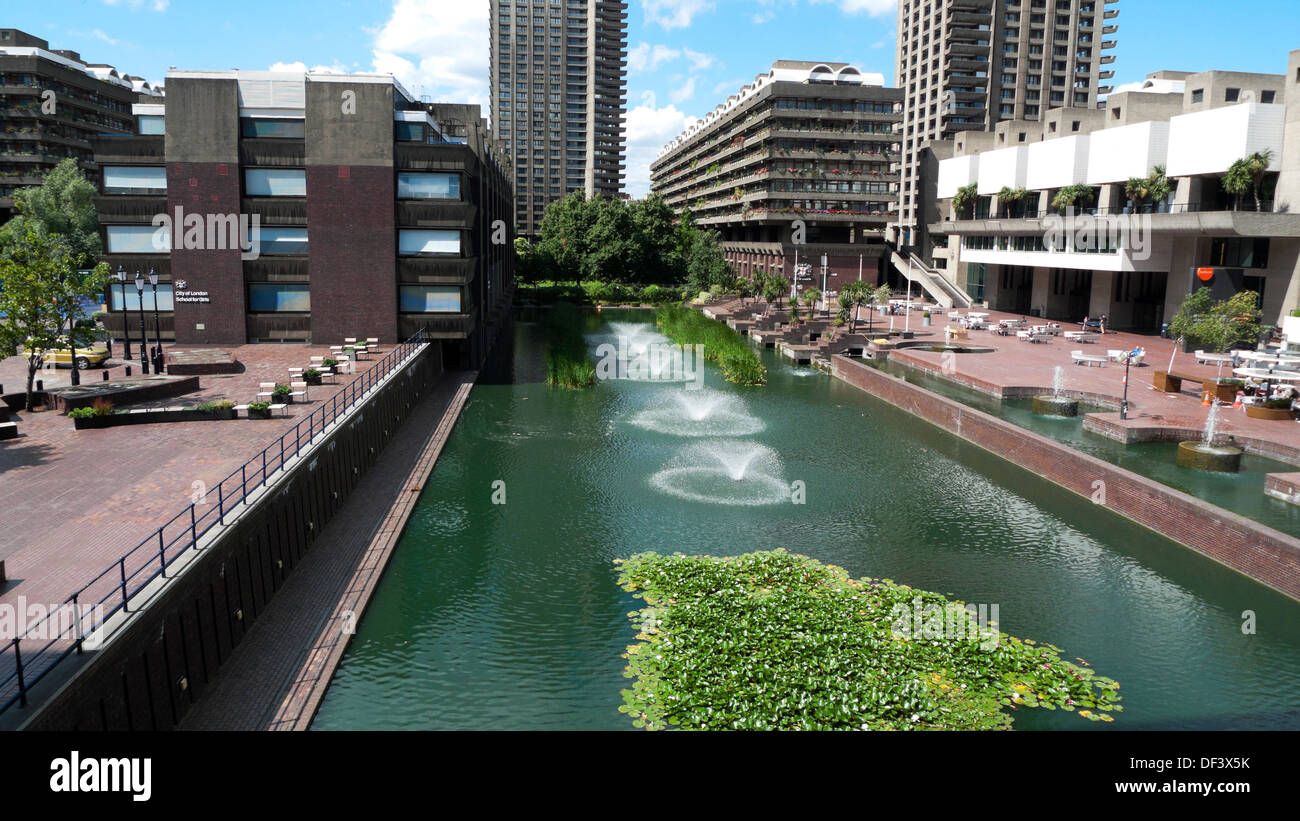 City of London School for Girls and fountain at the Barbican Centre and Estate apartments in London England UK  KATHY DEWITT Stock Photo