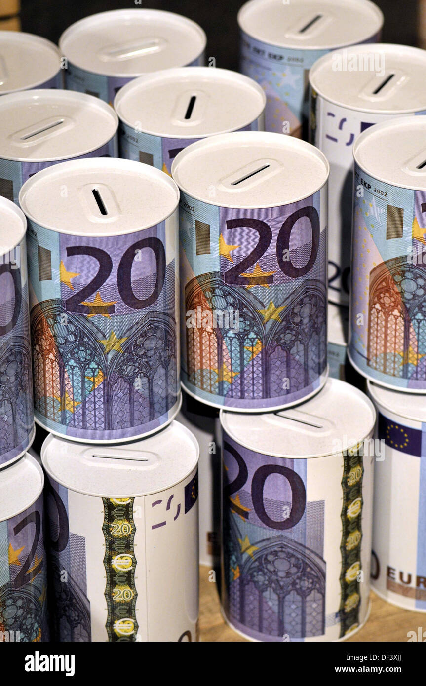 Metal money boxes with euro design Stock Photo Alamy