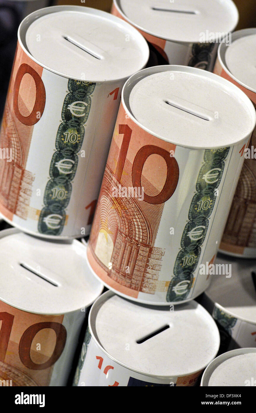 Metal money boxes with euro design Stock Photo Alamy