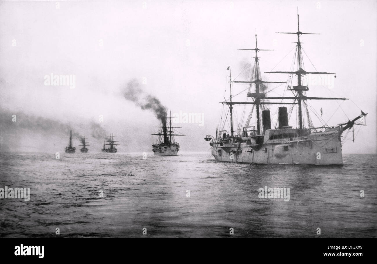 U.S.S. Chicago and the Squadron of Evolution or White Squadron, at Sea, 1891 Stock Photo