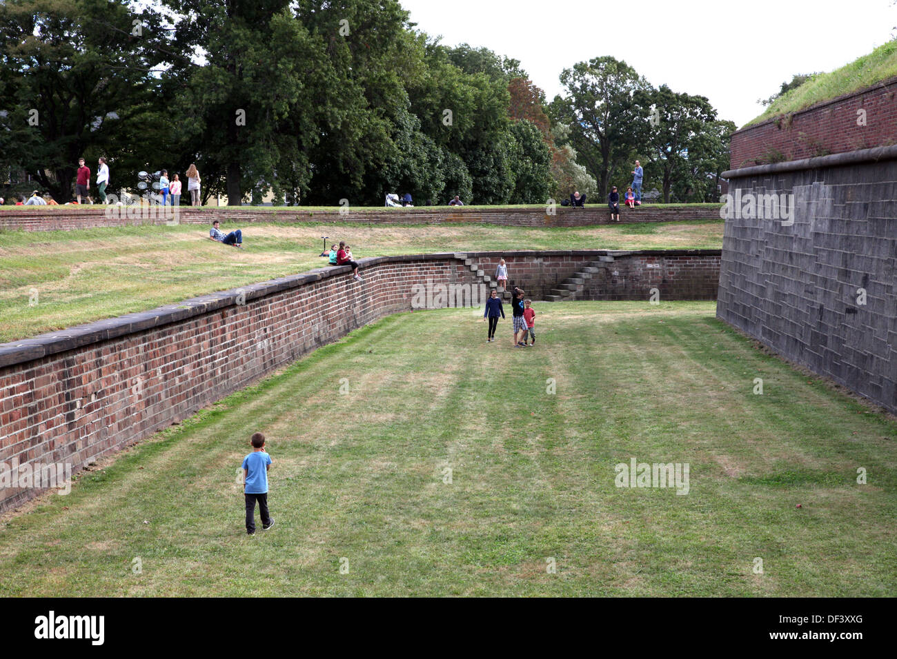 Grass moat of Fort Jay, Governors Island, New York, NY Stock Photo