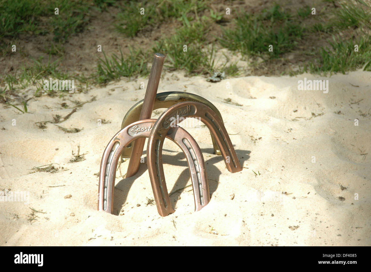 Horseshoe pit and shoes for game at dude ranch made in backyard of sand Contest Stock Photo Alamy