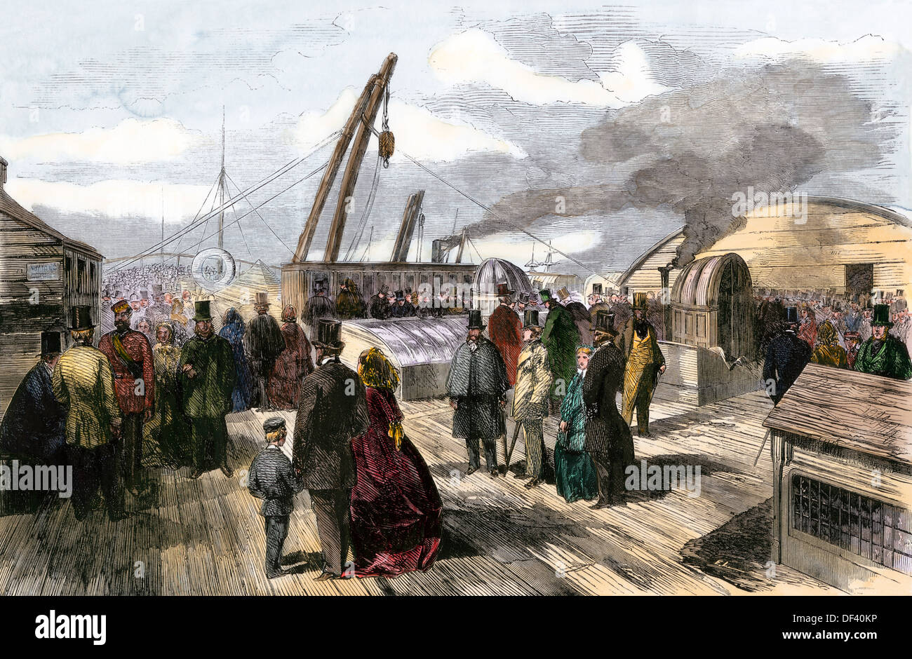 Public tour of the steamship 'Great Eastern' rigged to lay the Atlantic cable, England, 1850s. Hand-colored woodcut Stock Photo