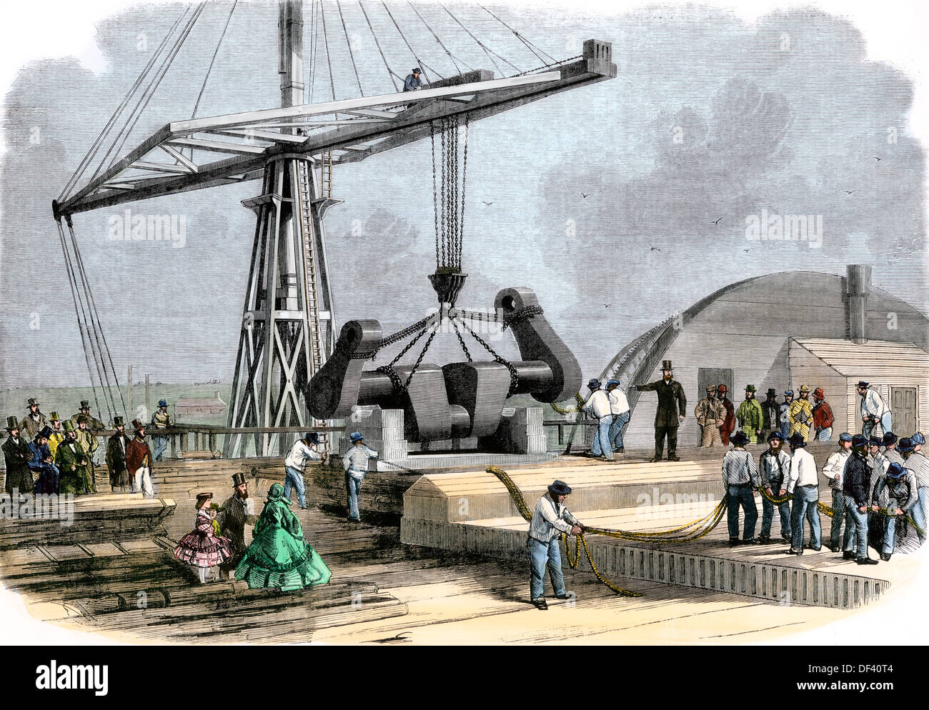 Derrick placing paddle shaft on deck of the steamship 'Great Eastern,' England, 1850s. Hand-colored woodcut Stock Photo