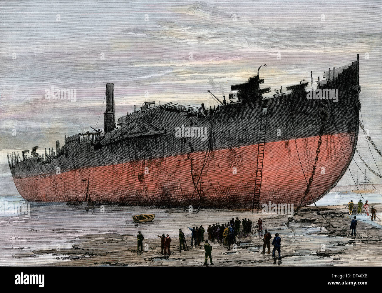 Wrecked hull of the steamship 'Great Eastern' at New Ferry, England, 1889. Hand-colored woodcut Stock Photo