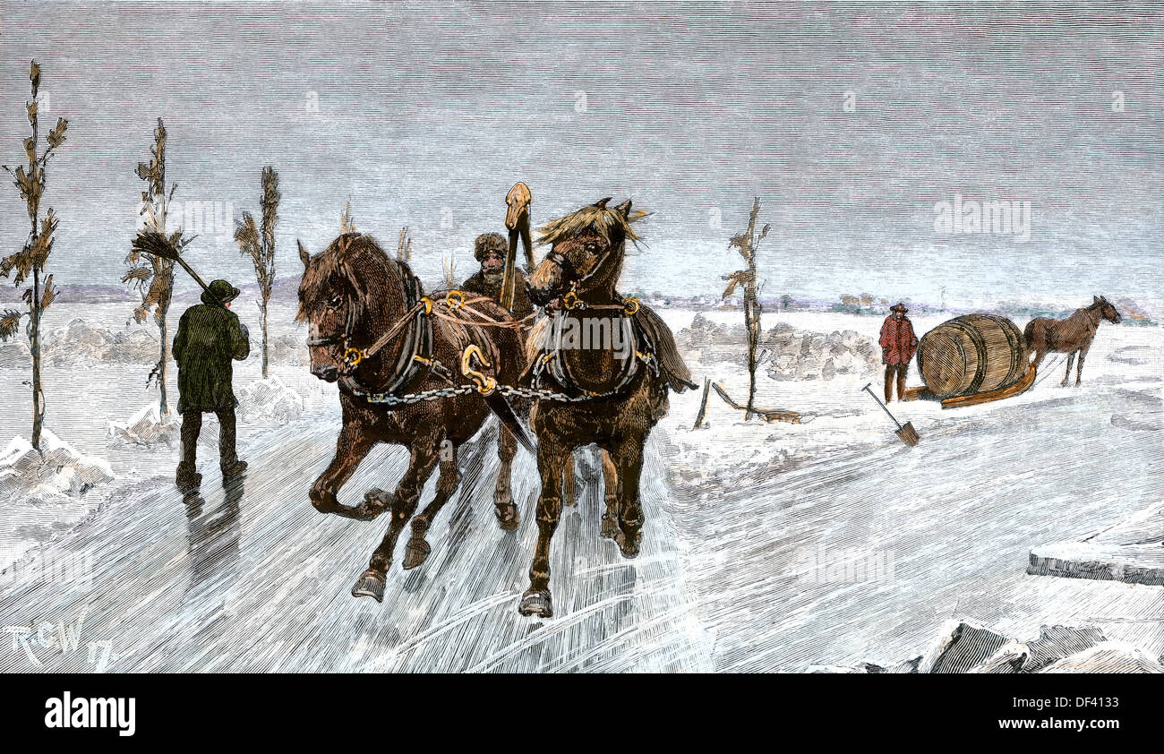 Sleigh road on the ice of the St Lawrence River, Canada, 1880s. Hand-colored woodcut Stock Photo