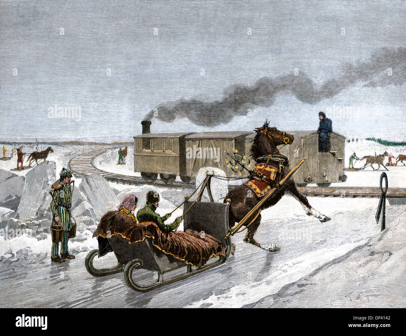 Railway on the ice of the St. Lawrence River, Canada, 1880s. Hand-colored woodcut Stock Photo
