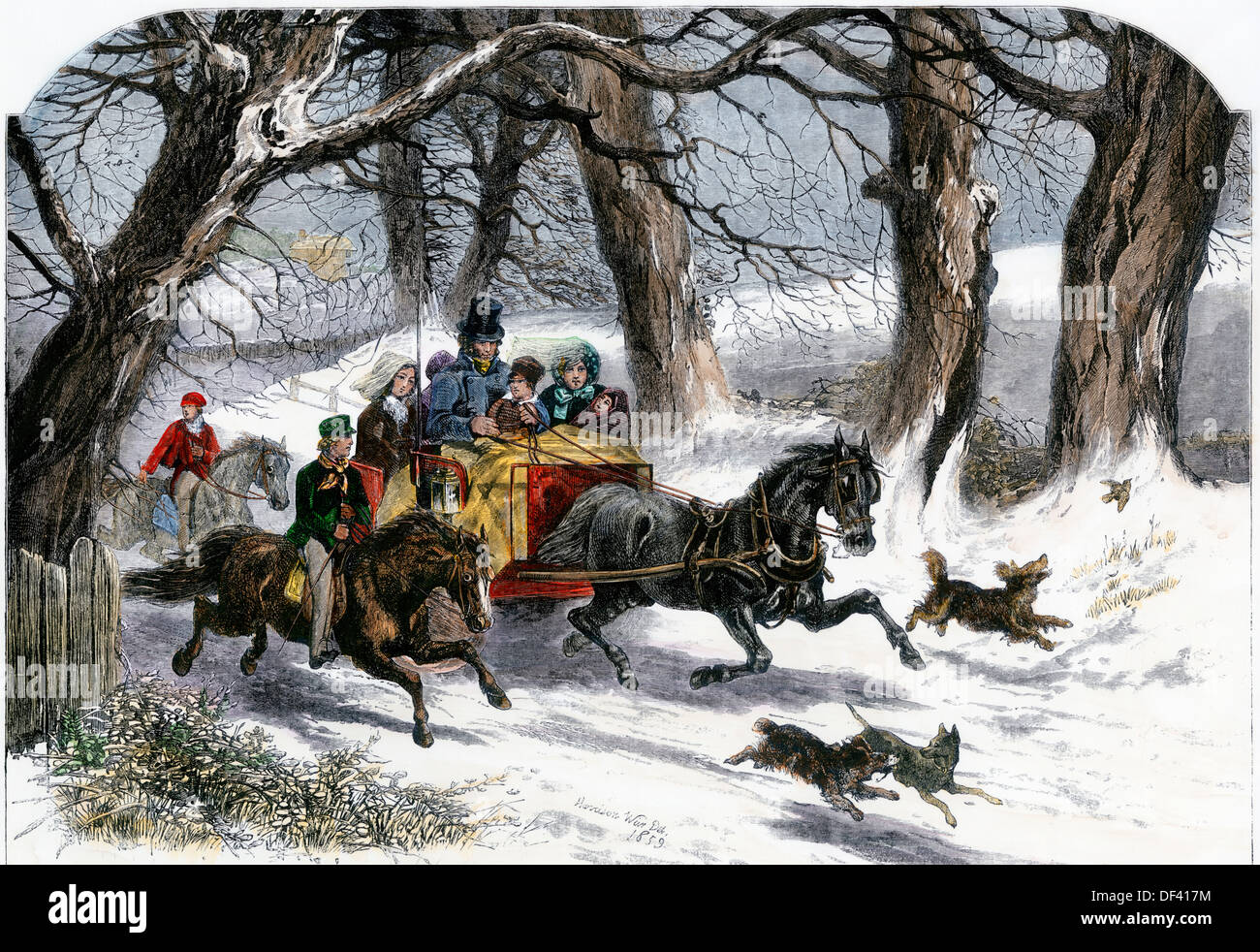 Family going to a Christmas party by horse-drawn sleigh, England, 1850s. Hand-colored woodcut Stock Photo