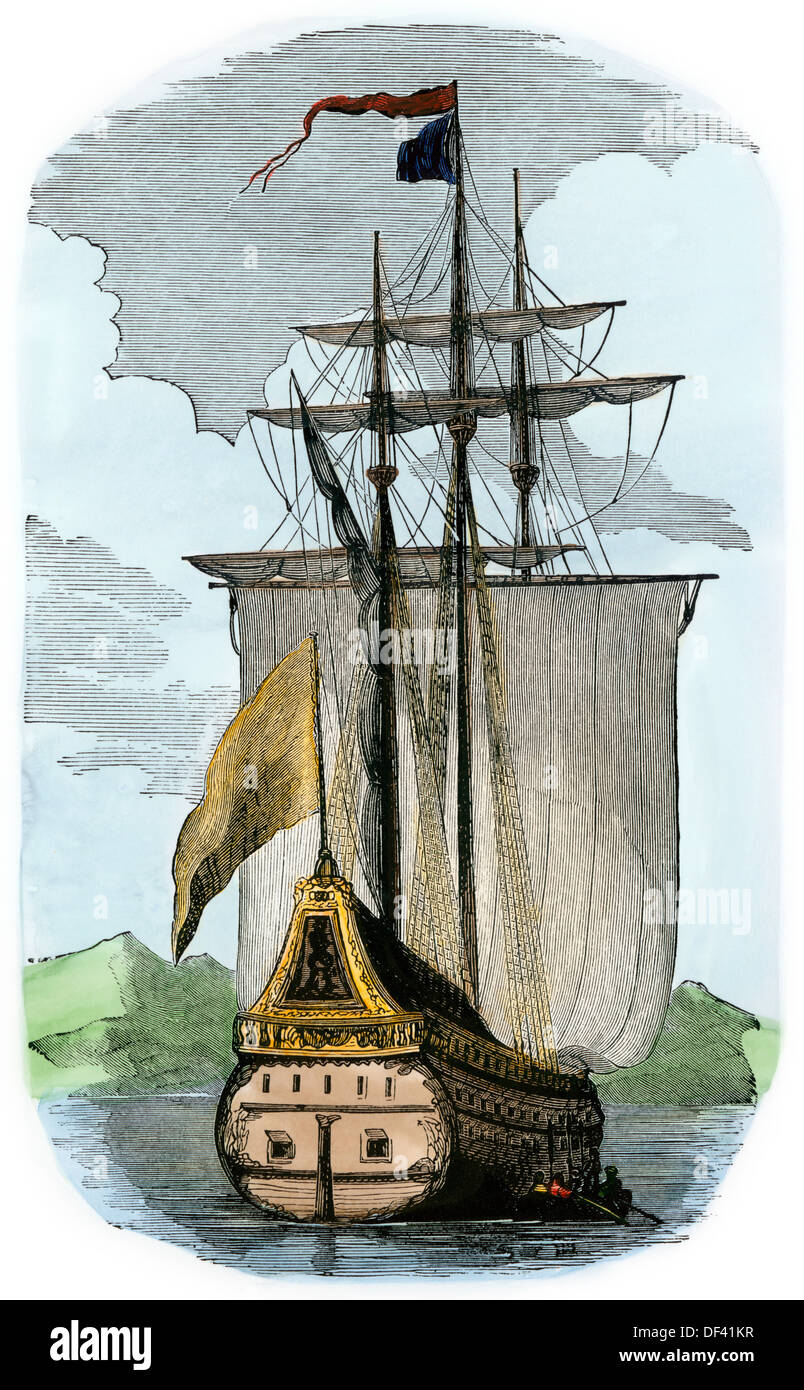 Ship of the 16th century. Hand-colored woodcut Stock Photo