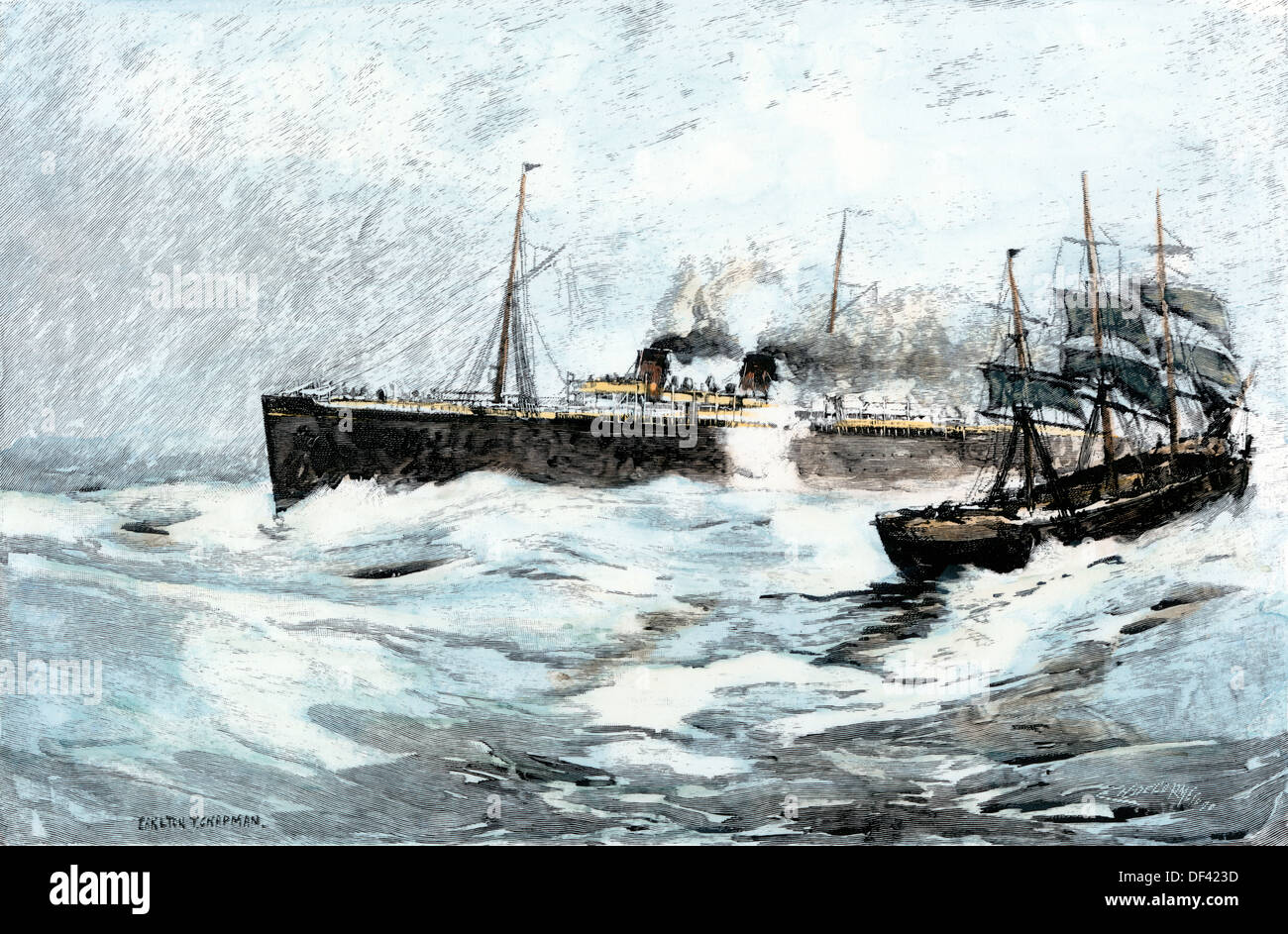 White Star passenger steamer 'Majestic' on a voyage, 1890s. Hand-colored woodcut Stock Photo