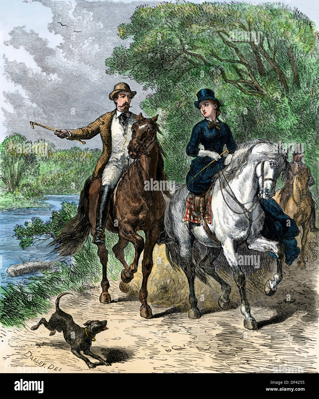 Couple traveling on horseback, woman in sidesaddle, man astride. Hand-colored woodcut Stock Photo