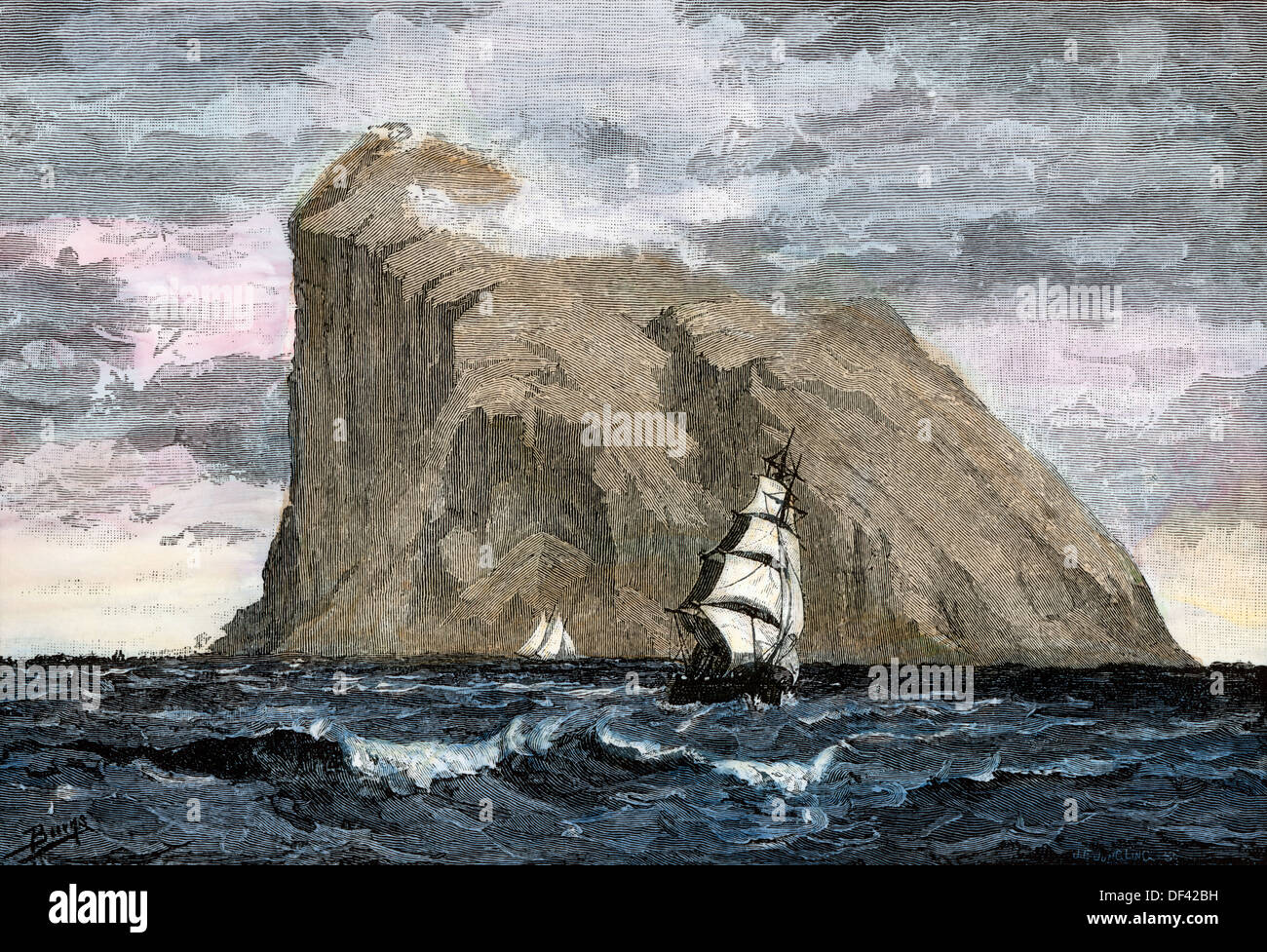 Sailing ships off Guernsey Island, English Channel, 1800s. Hand-colored woodcut Stock Photo