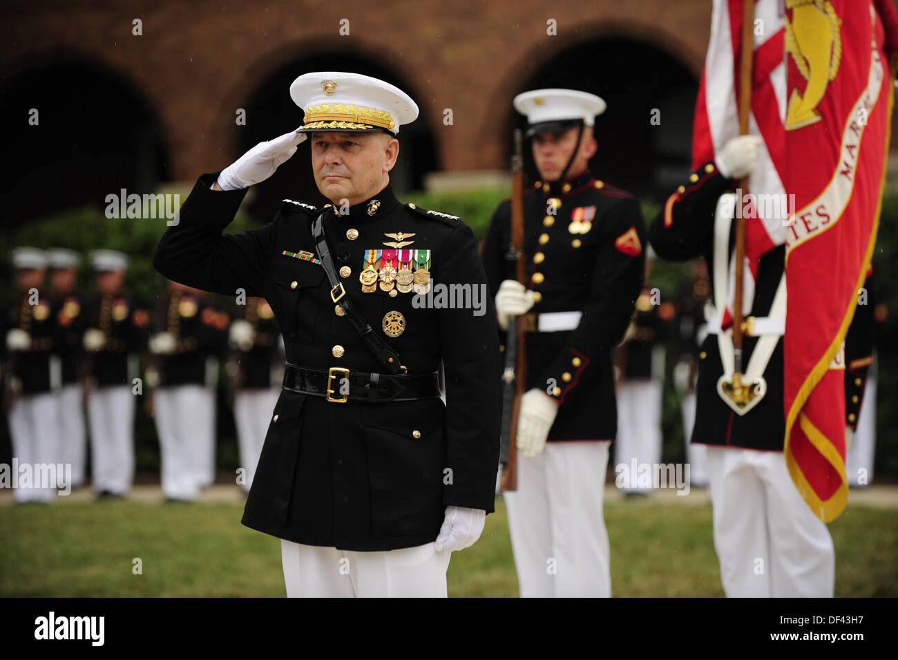 Joint Chiefs of Staff Vice Chairman United States Marine General James E. Cartwright salutes during the playing of the national anthem during a farewell ceremony in his honor at the U.S. Marine Corps Barracks, Washington, D.C., August 3, 2011. Cartwright is a target of a U.S. Justice Department investigation into a leak of information about a covert U.S.-Israeli cyberattack on Iranâ??s nuclear program. Mandatory Credit: Jacob N. Bailey / DoD via CNP Stock Photo