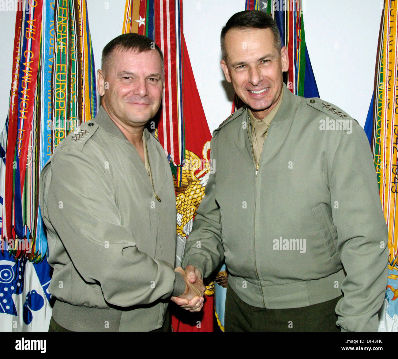 United States Marine Corps General Peter Pace, right, Chairman of the Joint Chiefs of Staff, shakes hands with U.S. Marine Corps General James Cartwright, vice chairman of the Joint Chiefs of Staff. General Cartwright began his duties as vice chairman by meeting with the chairman in his office Aug. 6, 2007. Cartwright is a target of a Justice Department investigation into a leak of information about a covert U.S.-Israeli cyberattack on Iranâ€™s nuclear program. Mandatory Credit: Mamie Burke / DoD via CNP Stock Photo