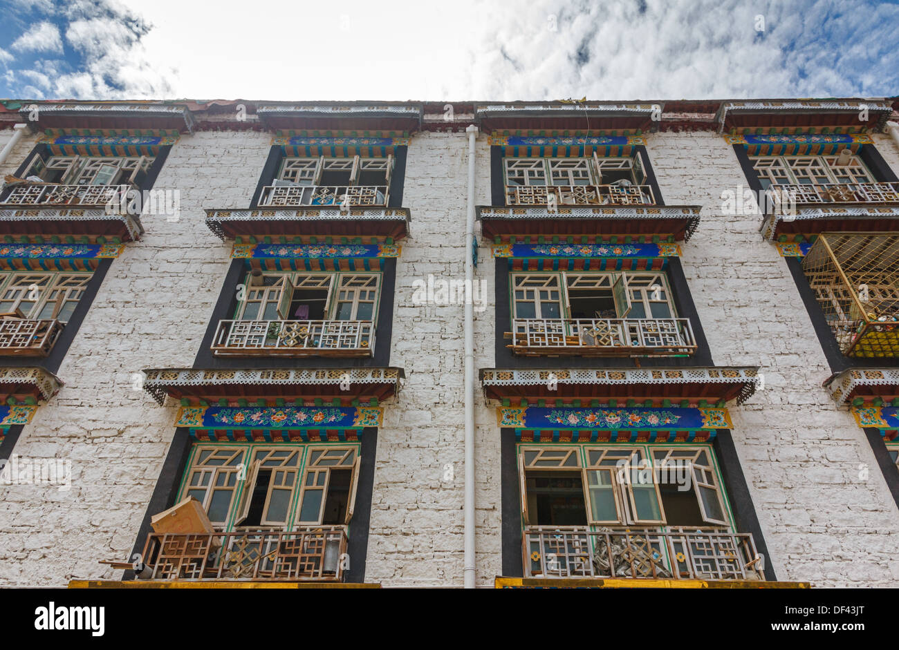 Typical traditional white Tibetan building in Lhasa, Tibet Stock Photo