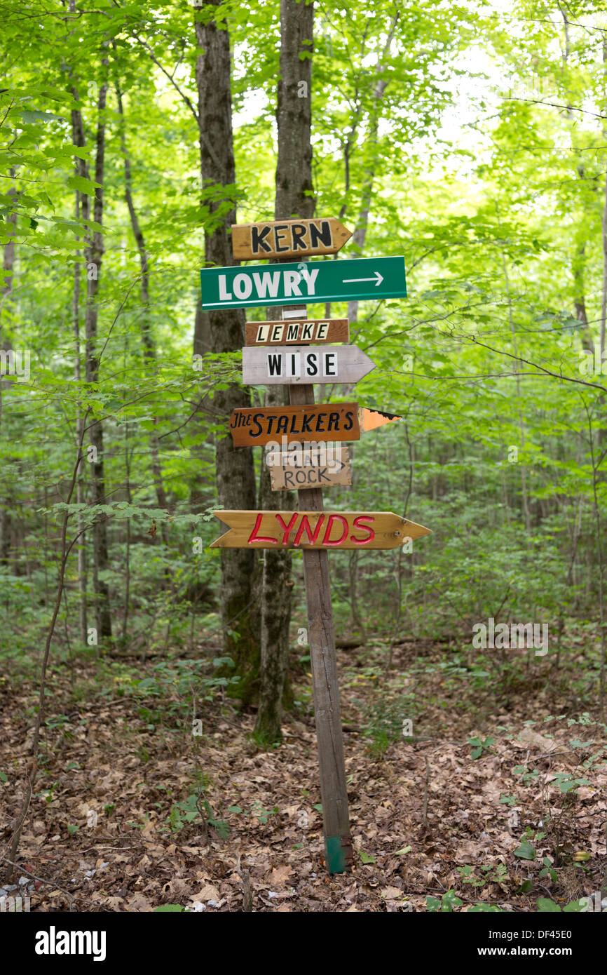 Name signs, showing the direction to peoples cottages on the lakes Canada. Near Toronto. Stock Photo