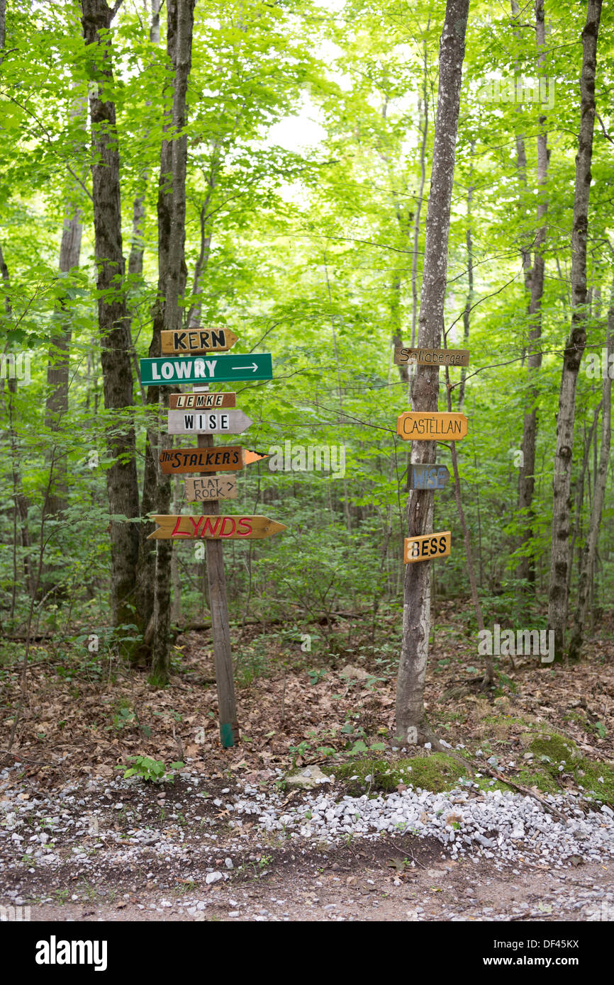 Name signs, showing the direction to peoples cottages on the lakes Canada. Near Toronto. Stock Photo
