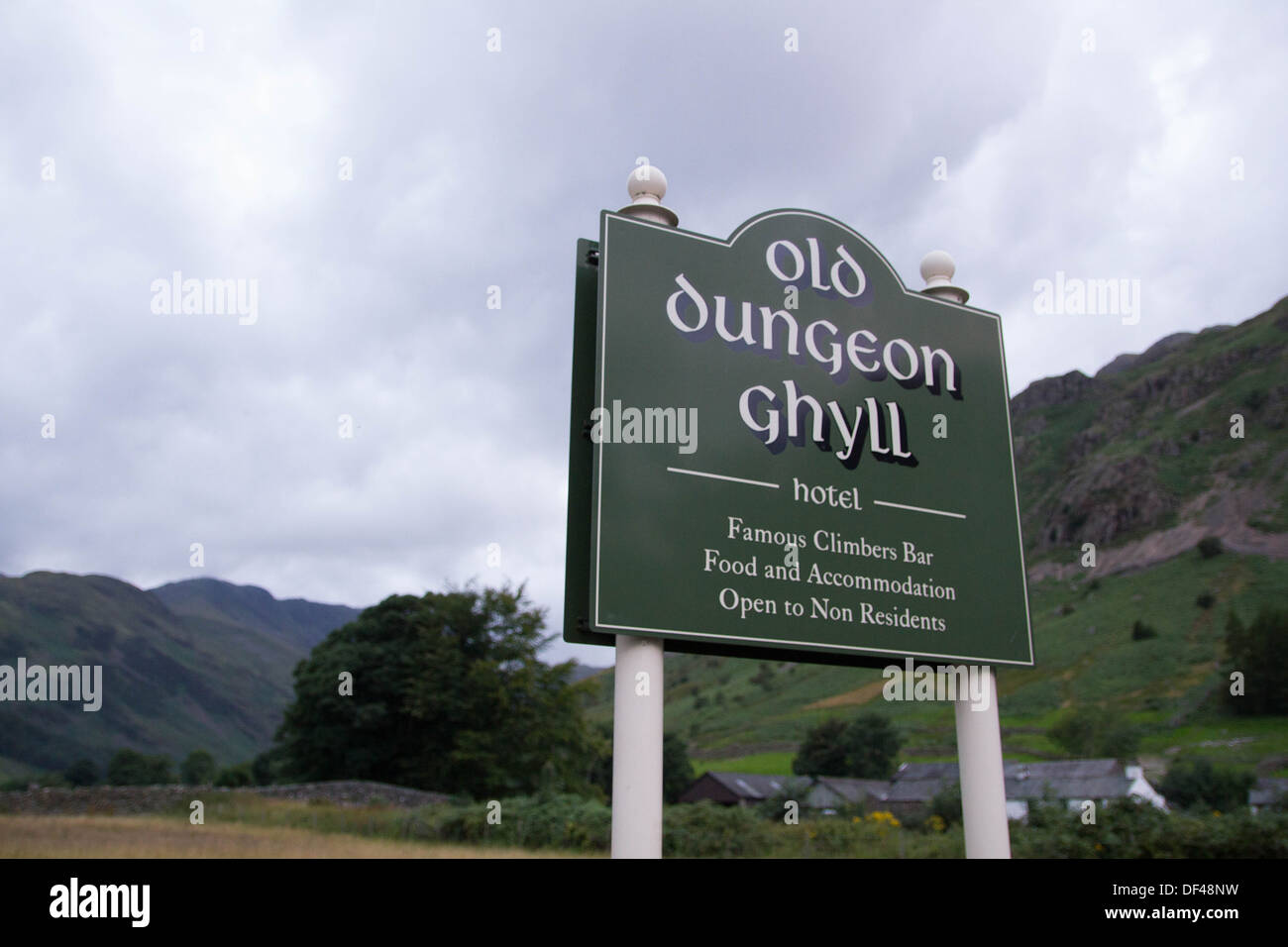 Sign for the Dungeon Ghyll pub & hotel, Great Langdale in the Lake