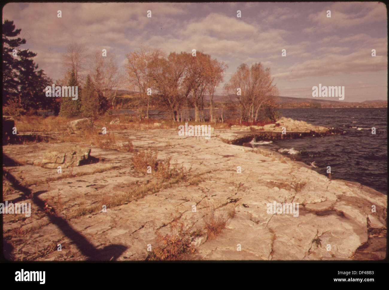The image shows a glaciated flat rock pavement with visible gouge marks ...