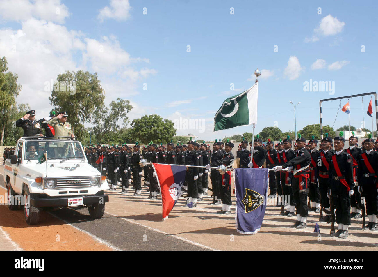 Police Inspector General of Police, Shahid Nadeem Baloch reviewing passing out parade of 28th-29th Elite Forces batch of Police at Razzaqabad Police Training Center of Karachi on Friday, September 27, 2013 Stock Photo