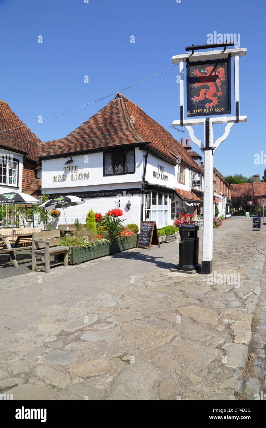 Local Bethersden marble pavement along Biddenden High Street shown in front of the Red Lion Pub Kent England Britain UK Stock Photo