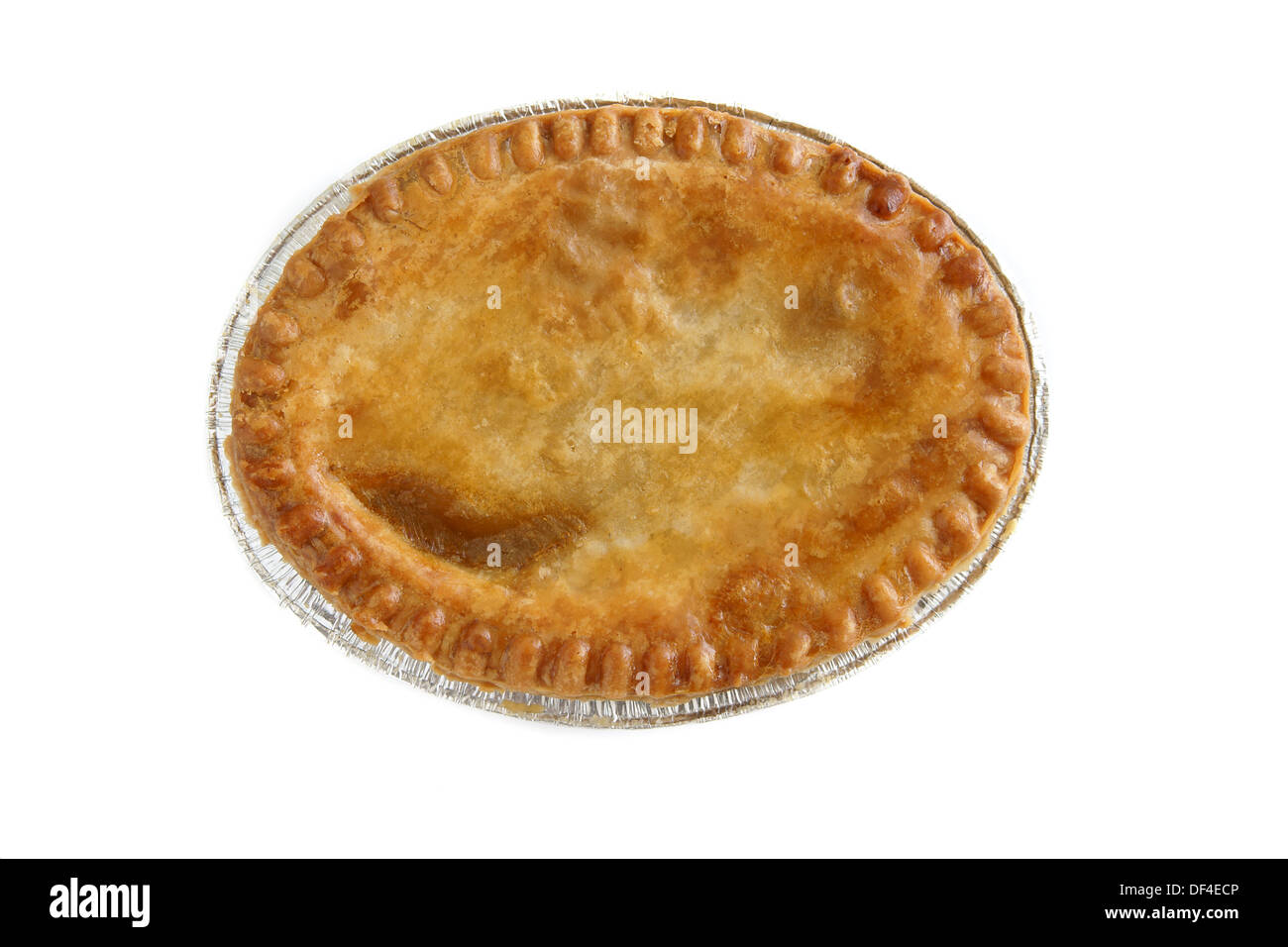 A savoury meat pie with a golden egg washed crust top down view studio isolated Stock Photo