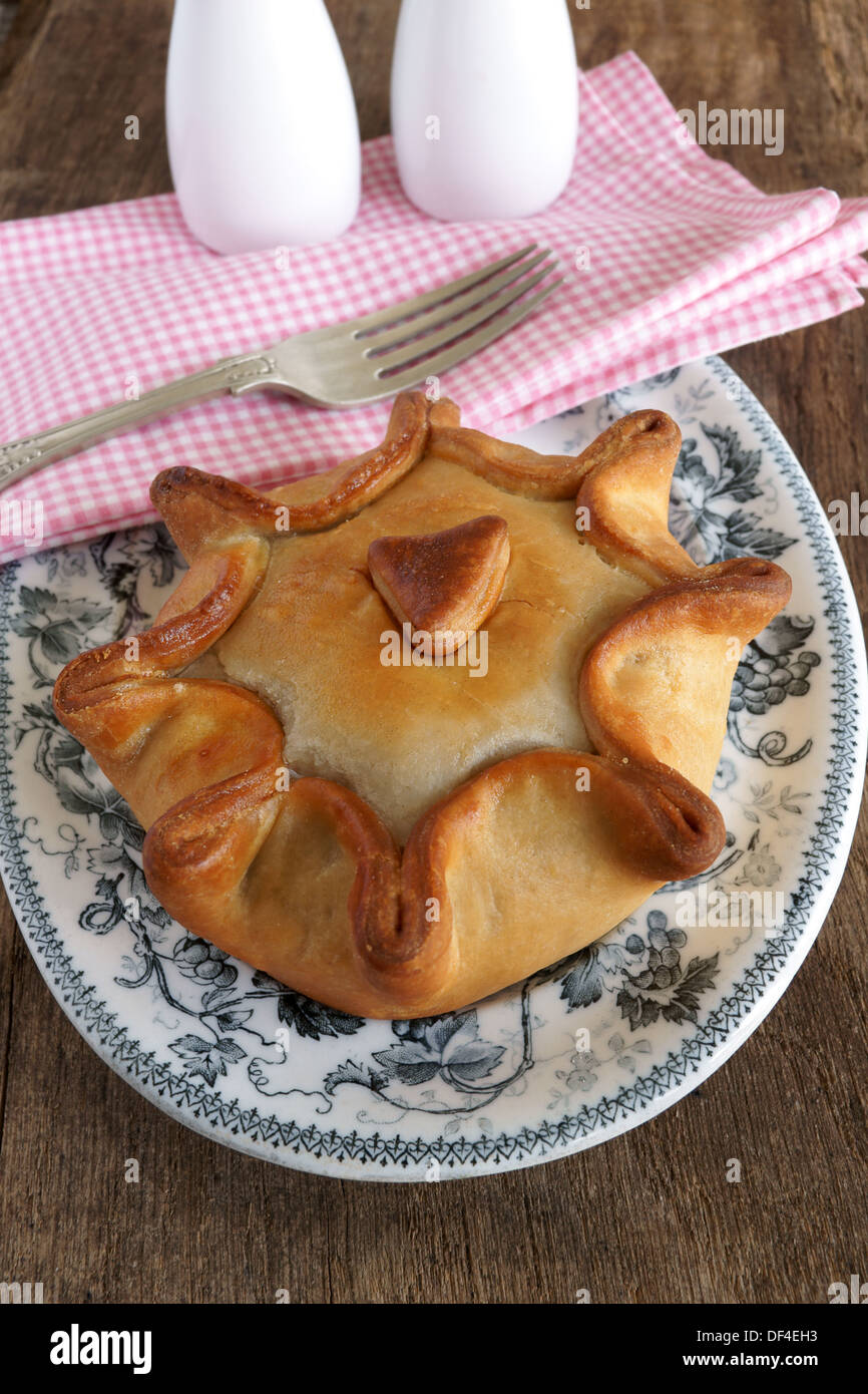 Traditional style meat pie with handcrafted pastry on antique plate Stock Photo