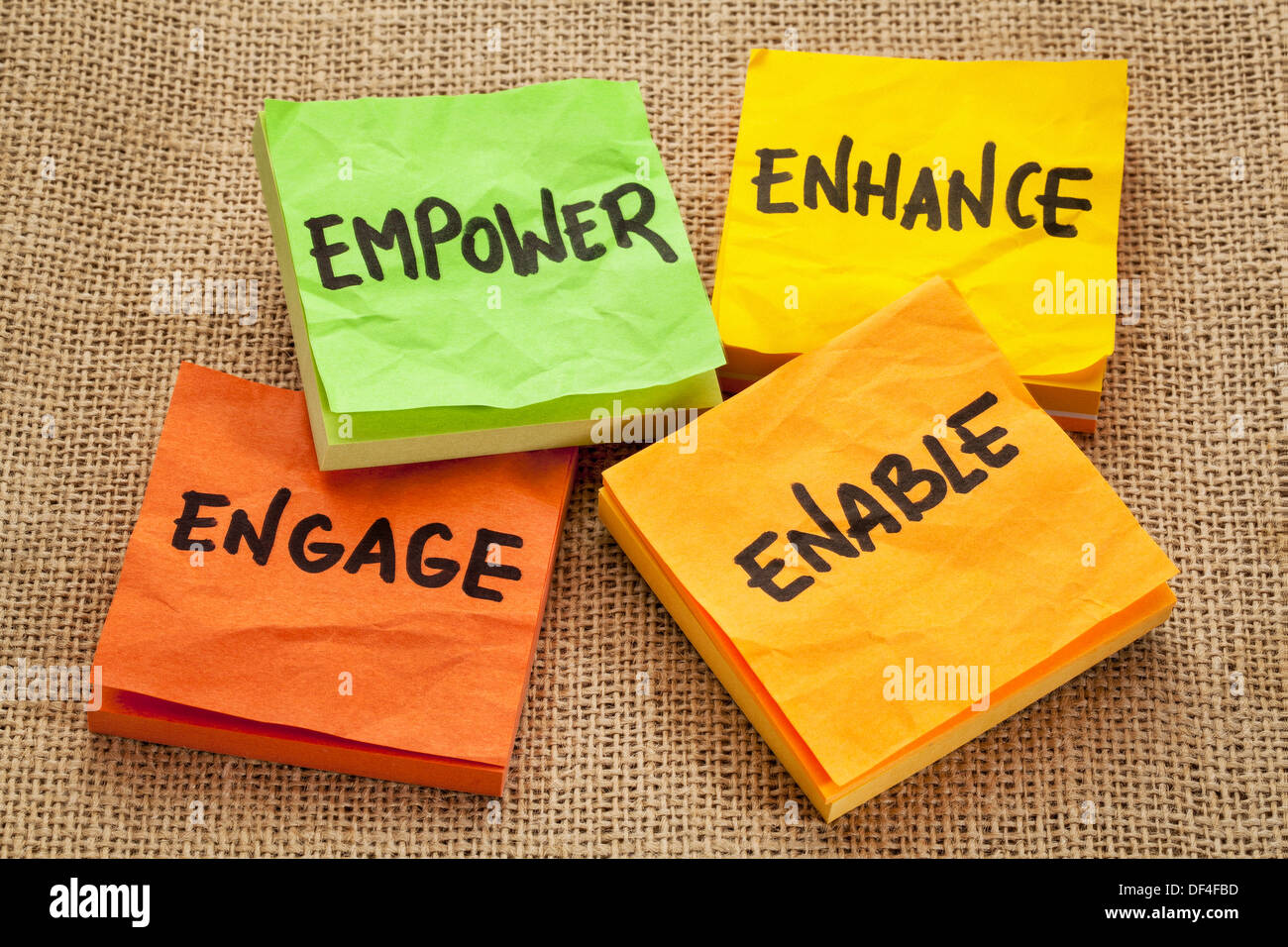 empower, enhance, enable and engage - business motivation concept - handwriting on sticky notes Stock Photo
