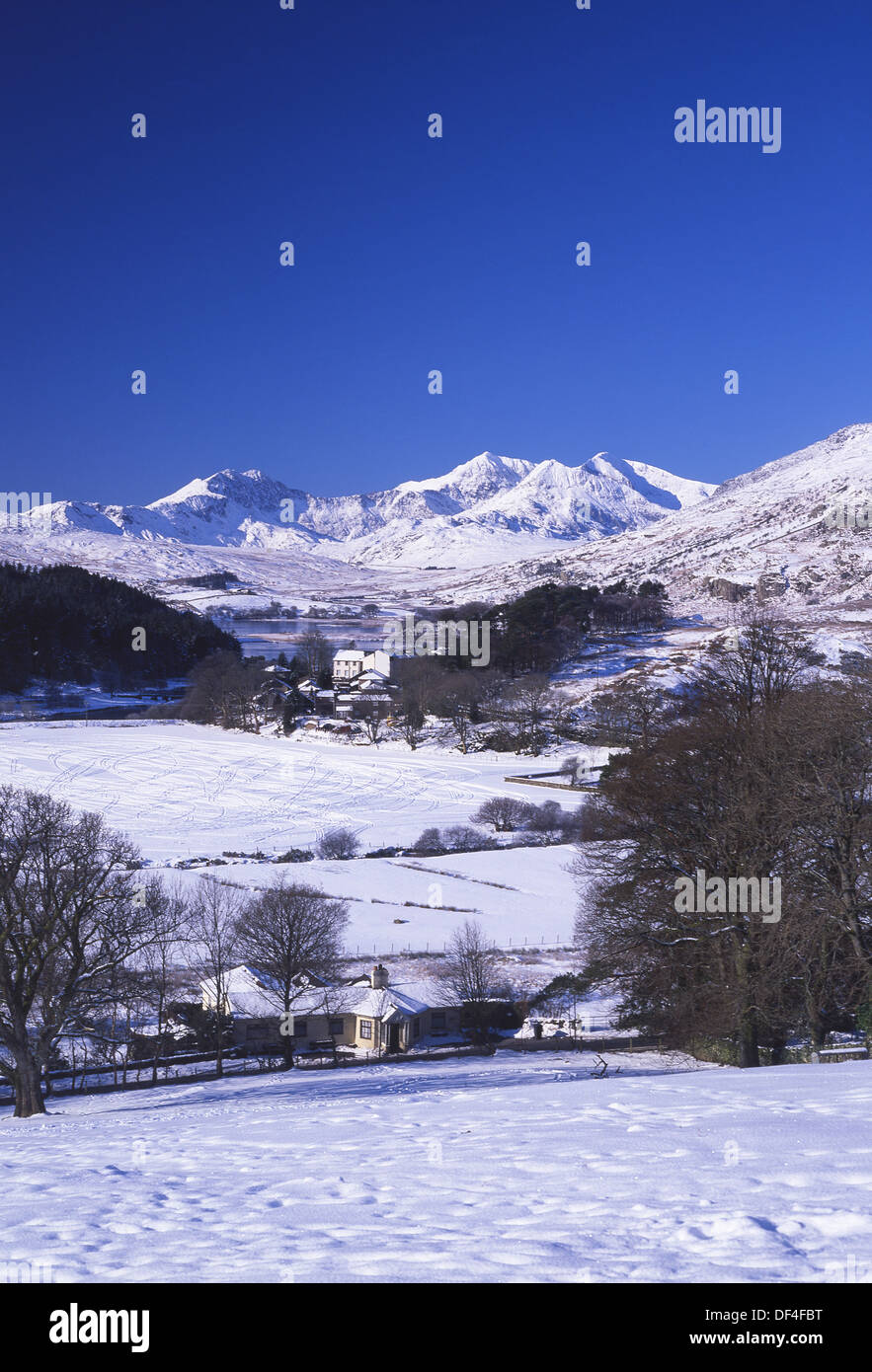 Snowdon from Capel Curig in snow winter Snowdonia Gwynedd North Wales UK Stock Photo